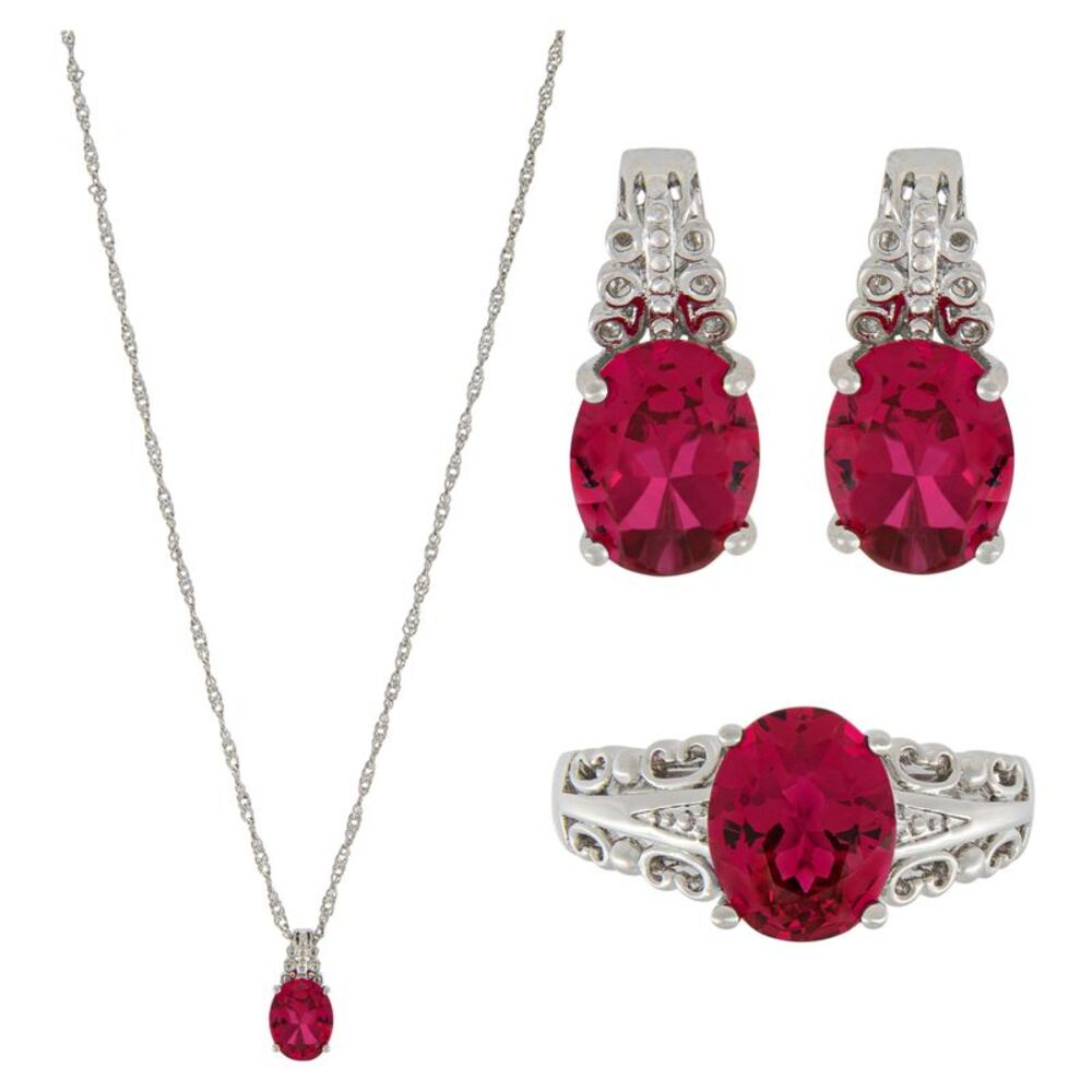 Rubellite Pink Gem Art Deco Jewelry Set with Pendant, Earrings & Ring (Size 7)